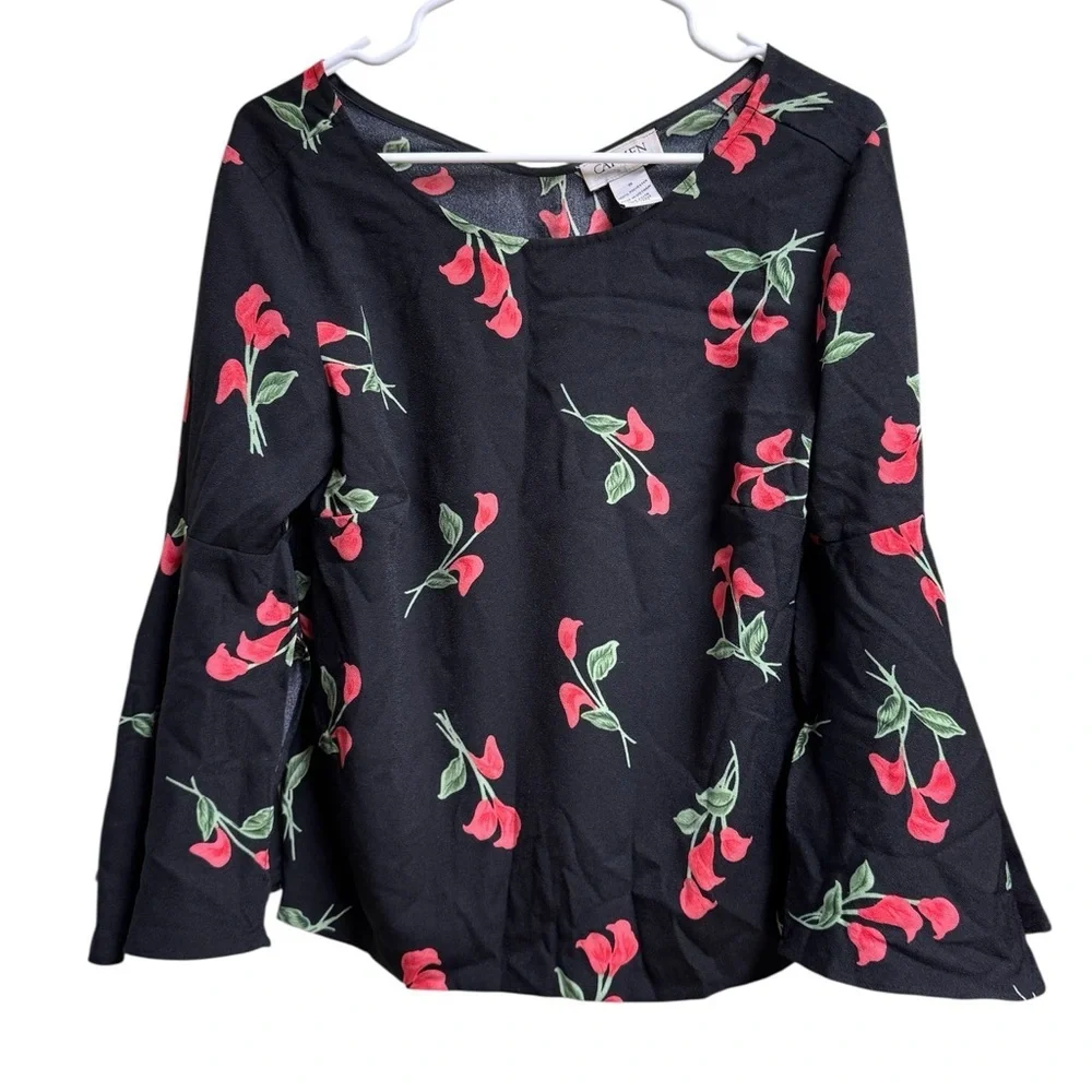 Carmen Marc Valvo Black Floral Bell Sleeve Blouse Top Size Small - Picture 1 of 4